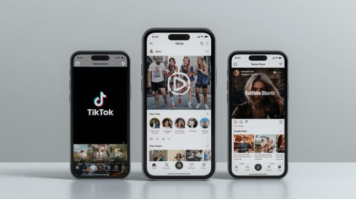 “Três smartphones lado a lado exibindo TikTok, Instagram Reels e YouTube Shorts, estilo moderno, fundo neutro, tecnologia do dia a dia.”